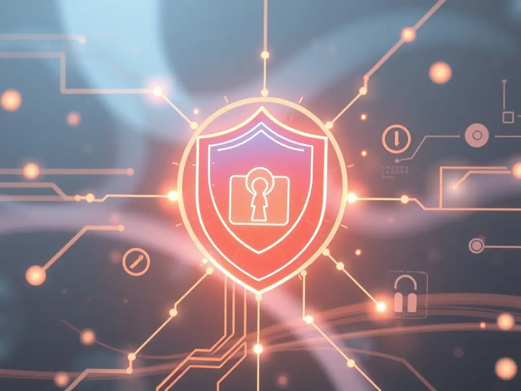 A digital shield with a lock icon in the center, surrounded by data streams, representing Anatronix's comprehensive cybersecurity services.