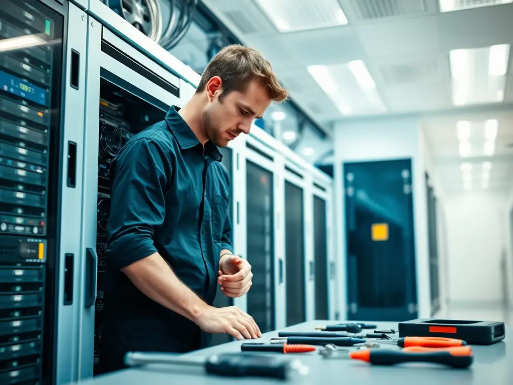 A professional IT technician is configuring a server in a modern data center, showcasing Anatronix's expertise in network infrastructure and server management.